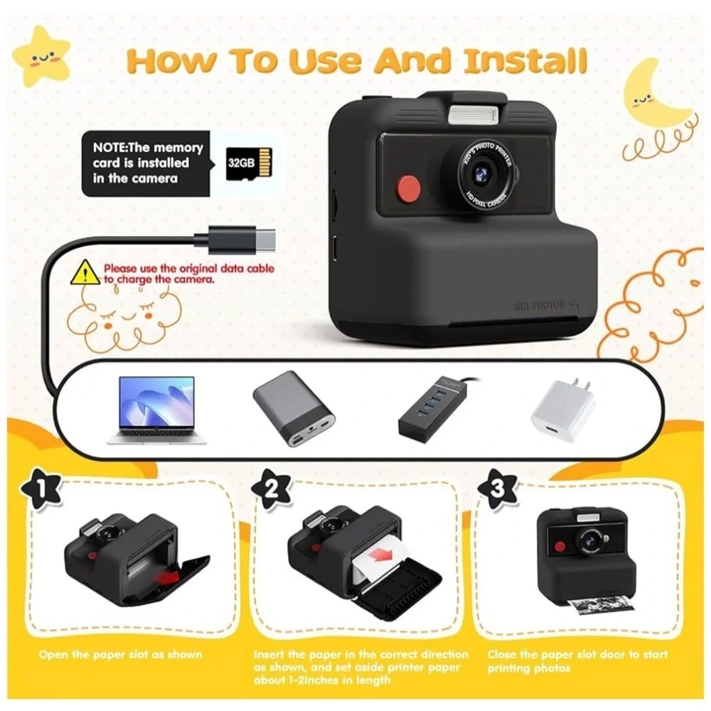 CAMCLID Kids Camera Instant Print, 3,0 Inch/48MP Instant Camera for Kids(Black)